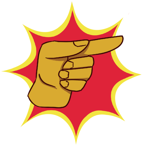  a yellow hand pointing to the right on top of a spiky red and yellow shape.